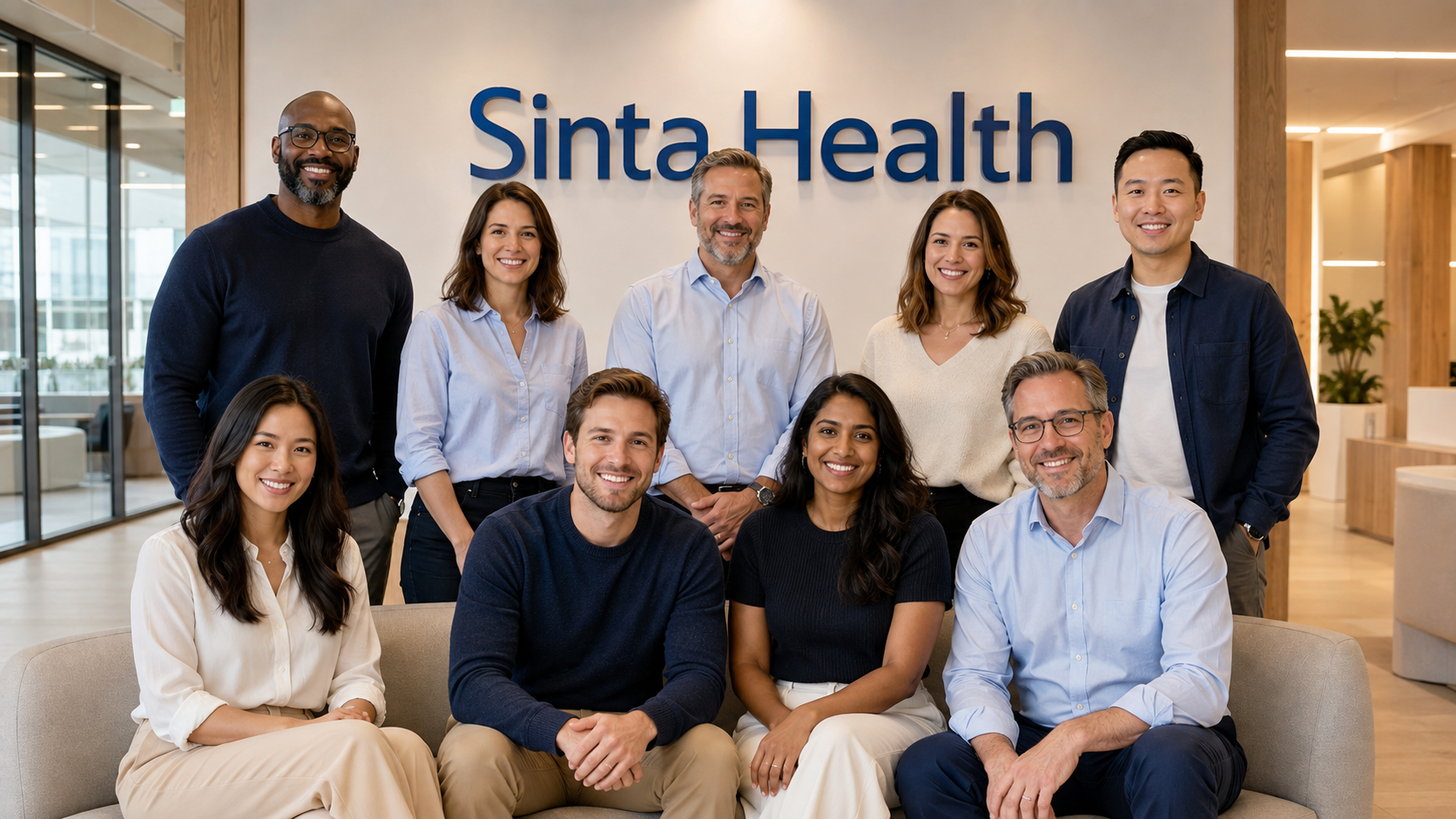 Sinta Health team gathered in a modern office beneath the Sinta Health sign